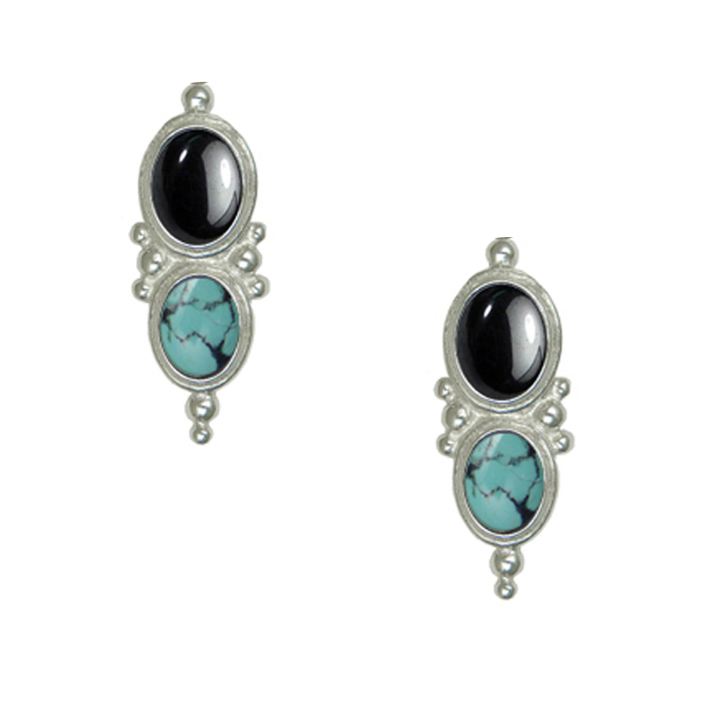 Sterling Silver Drop Dangle Earrings With Hematite And Chinese Turquoise